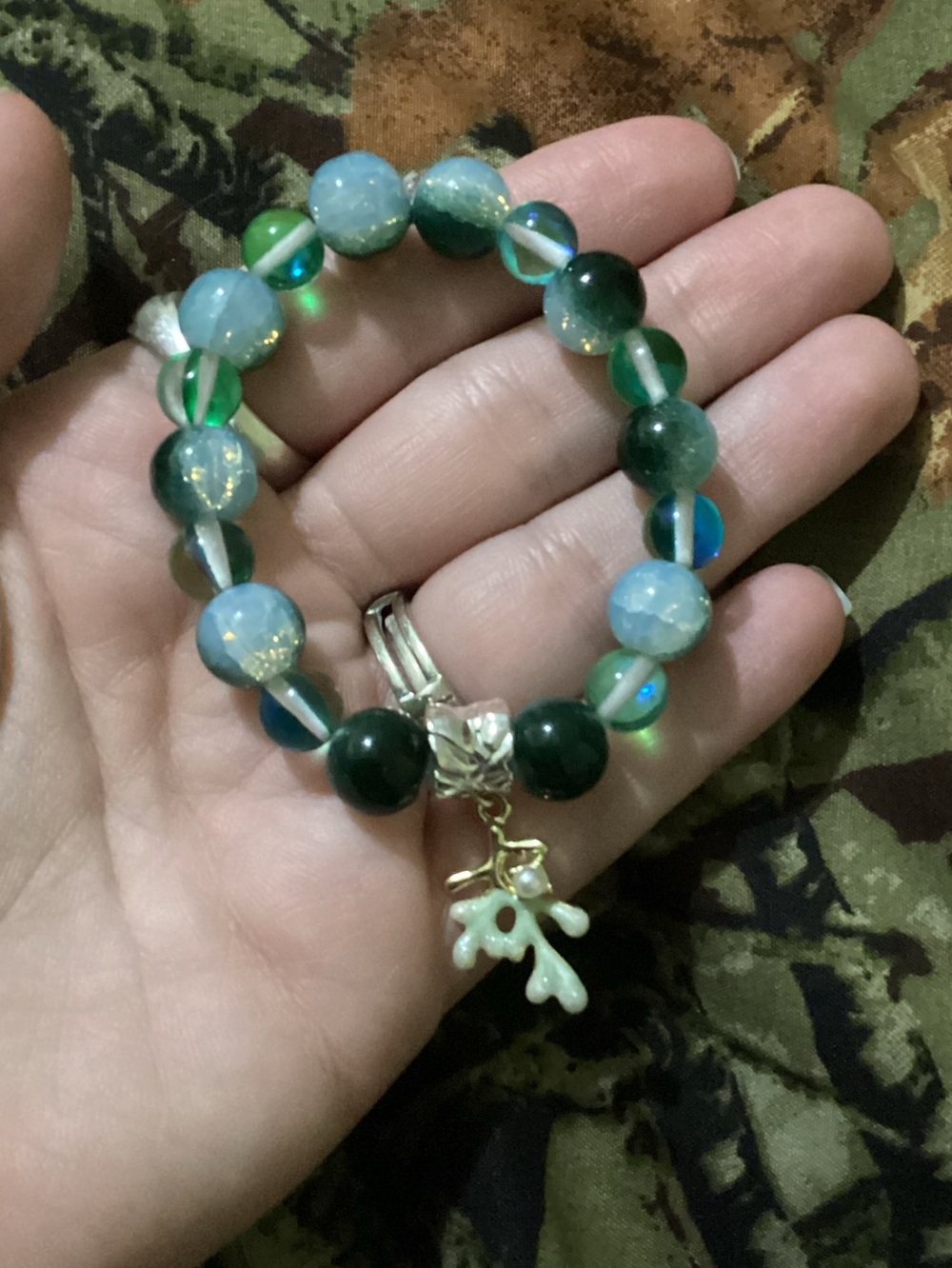 Handcrafted Green & Light Blue Beaded Bracelet with Gold Coral Charm